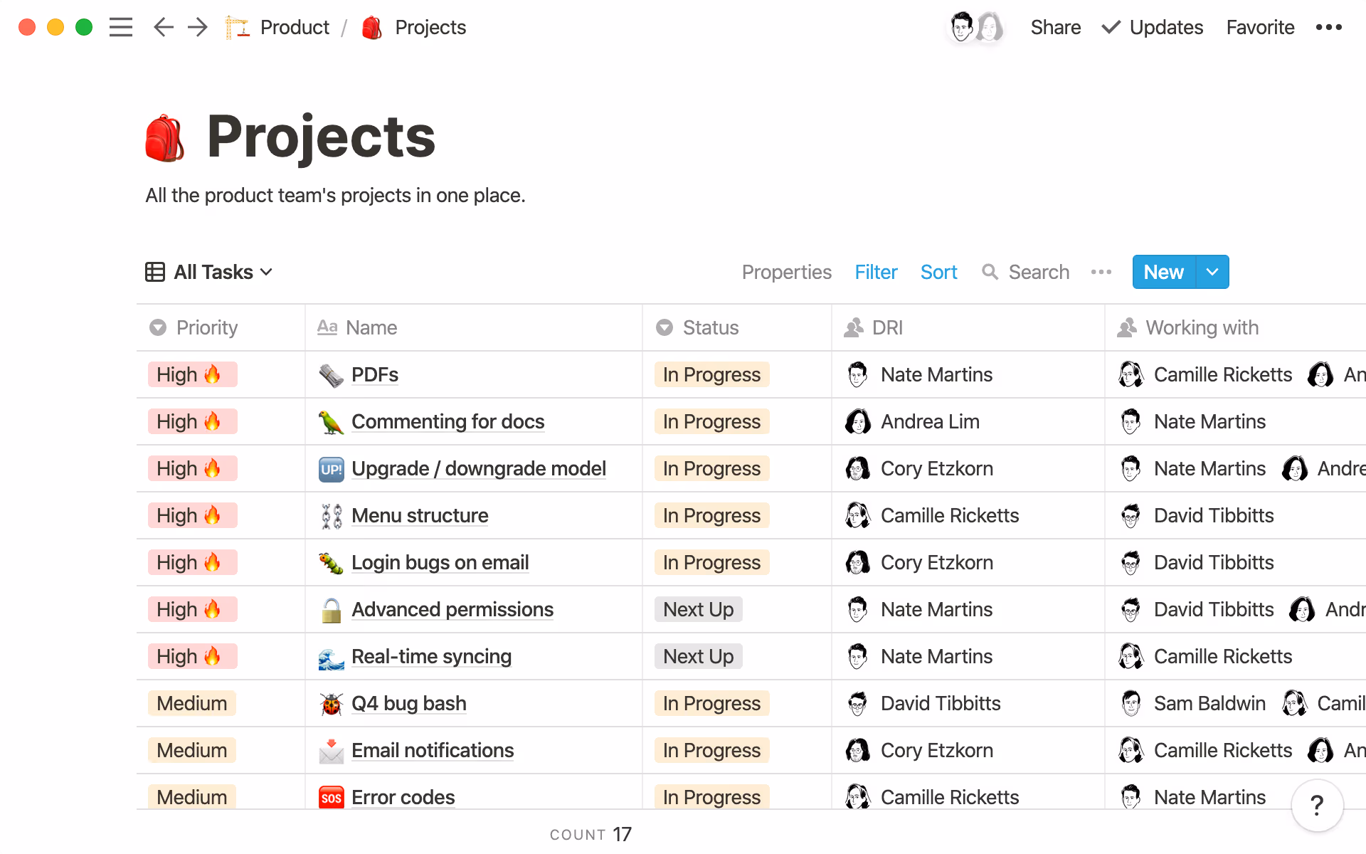Here are some of the properties you can use to organize your work in your Projects database.